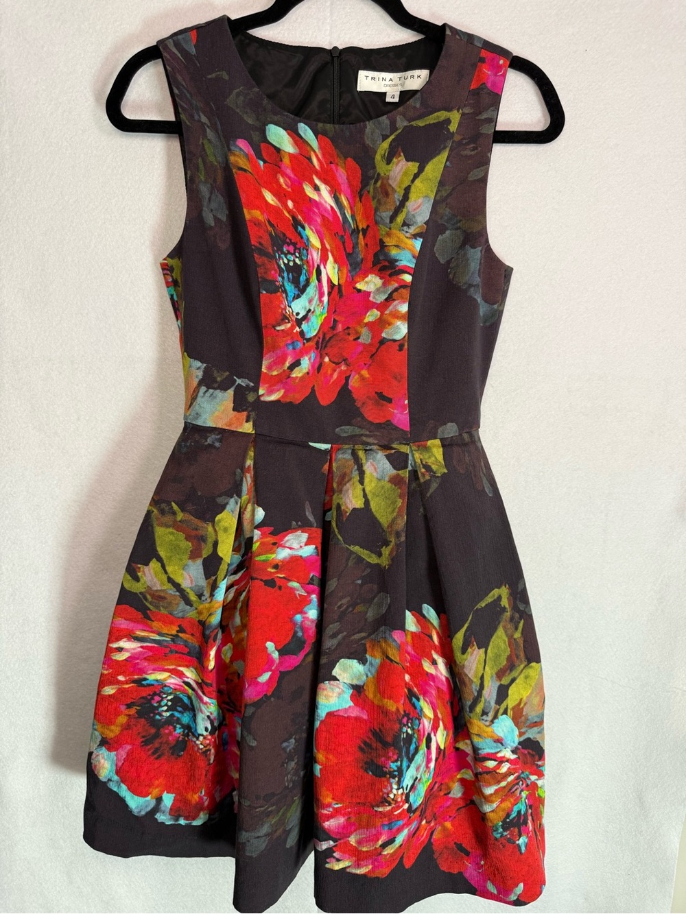 Trina Turk Black Fit-and-Flare Dress with Red Floral Print - Size 4